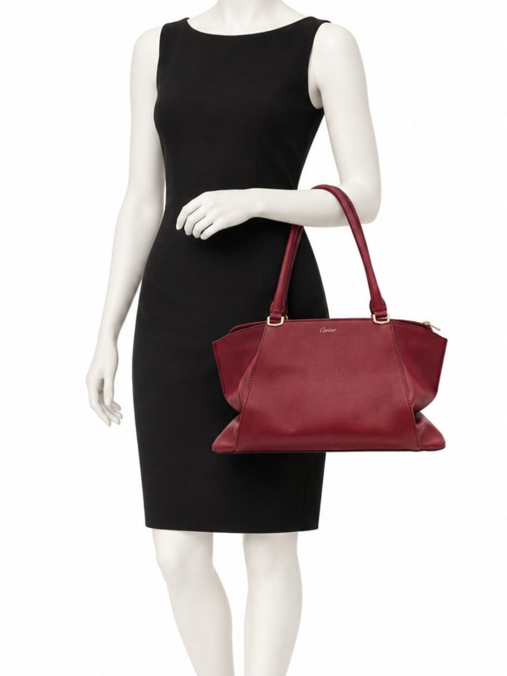 Cartier Burgundy Leather Tote Shoulder Bag Double Handle Purse
